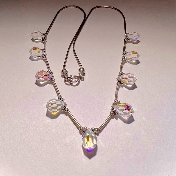 Vintage Handmade Aurora Borealis Crystal Sterling Beaded Necklace - Picture 11 of 12